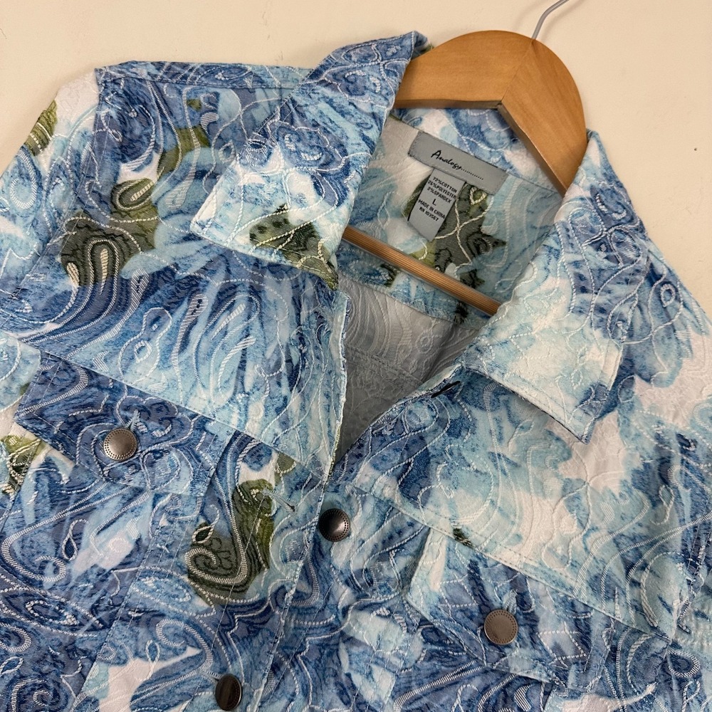 Analogy Trucker Jacket Artsy Embroidered Floral Abstract Blue White Paisley L